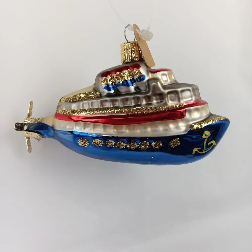 Discovery Channel Blown Glass Ornament Ship Yacht Glitter Christmas Tree Holiday